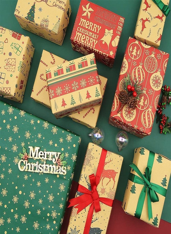 Unigift Christmas Kraft Wrapping Paper，20 Sheets Xmas Folded Wrapping Paper 20x28 inch Recyclable Christmas Gift Wrapping Paper With Ribbons Greeting Card for Christmas Party Present Flower Packaging DIY Craft - Image 5